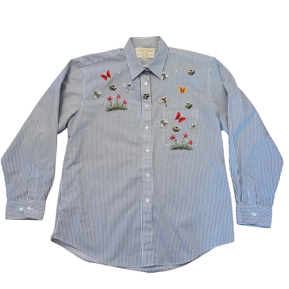 Fortune by Stan L Black White Stripe Embroidered Bug Rhinestone Button Shirt